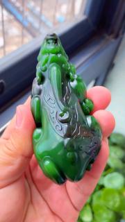和田玉碧玉貔貅手把件,俄碧老坑料子,7号矿